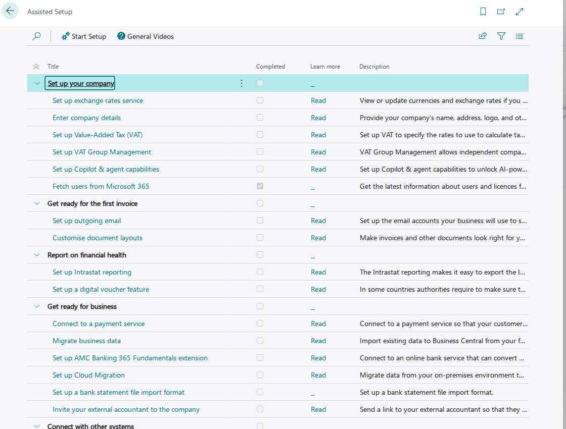 Business Central Assisted Setup wizards